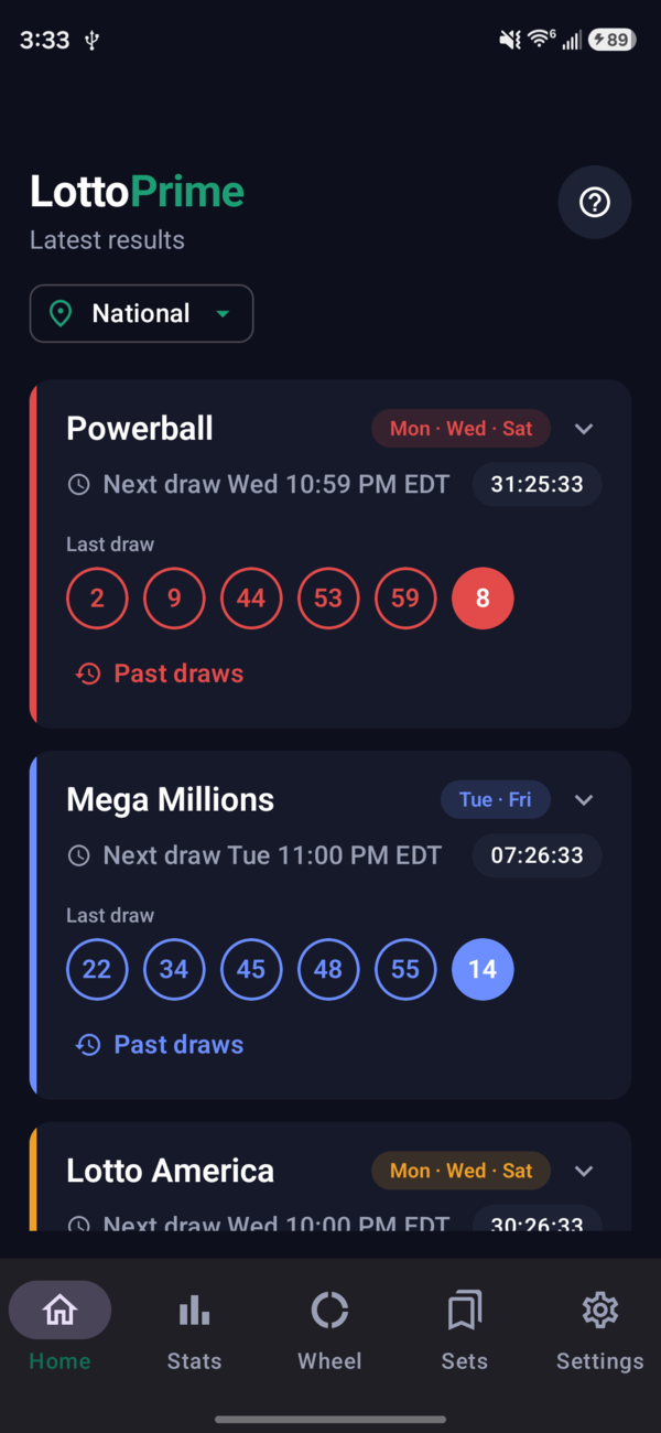 LottoPrime home screen in the National view with the state selector and the latest results and draw countdowns for each game.