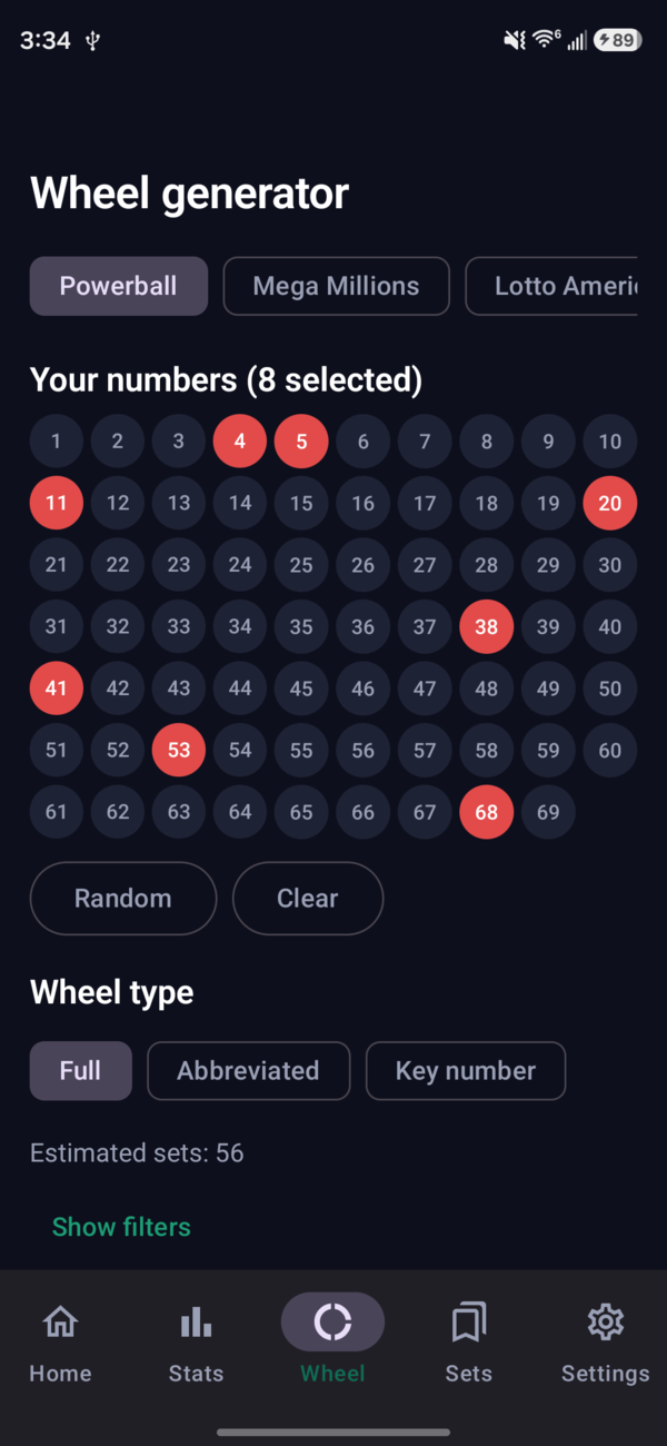 LottoPrime wheel generator with a pool of numbers selected and an estimated set count.