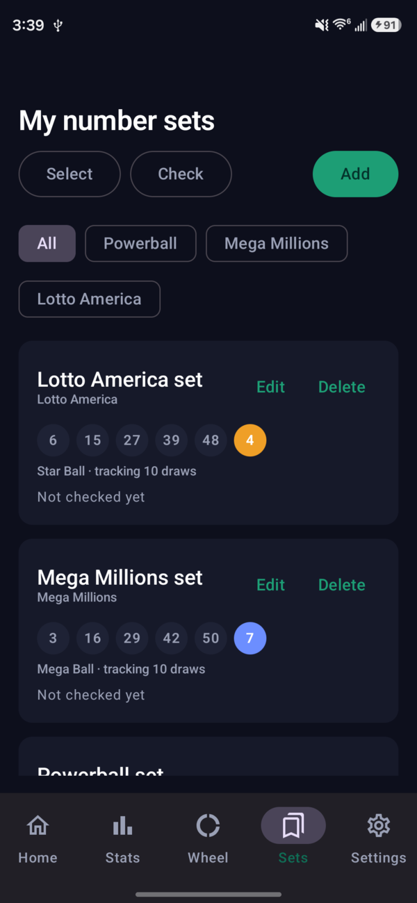 LottoPrime saved number sets, each tracked against recent draws.