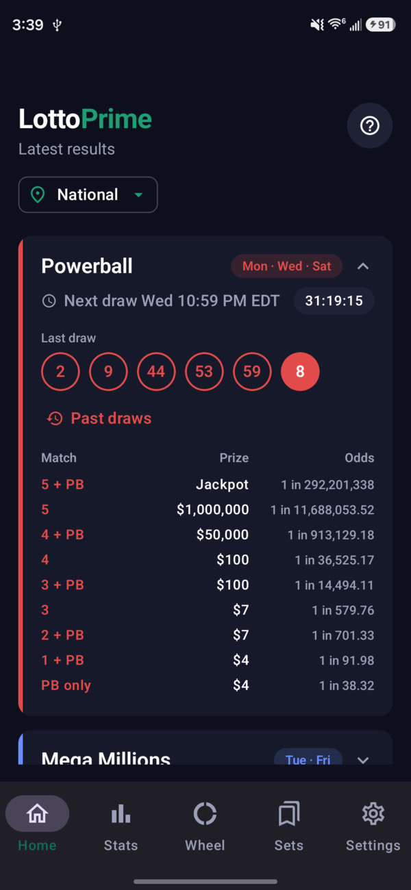LottoPrime prize and odds breakdown expanded for a game, showing every match tier.