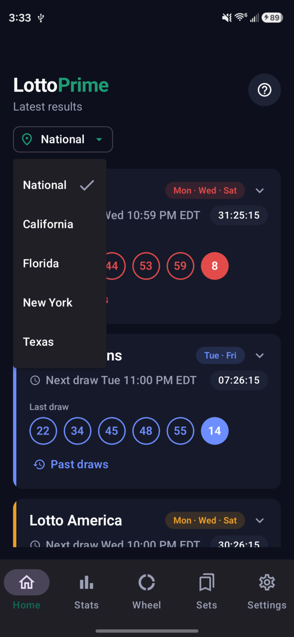 LottoPrime state selector open, listing National, California, Florida, New York, and Texas.