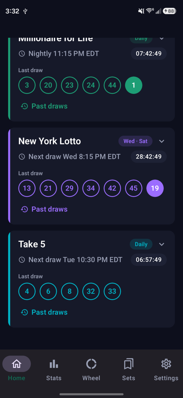 LottoPrime home screen for New York, showing New York Lotto and Take 5 alongside the national games.